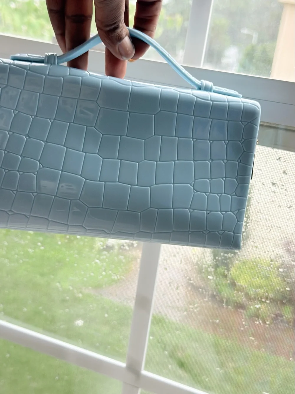 Light Blue Croc-Embossed Top-Handle Cosmetic Case